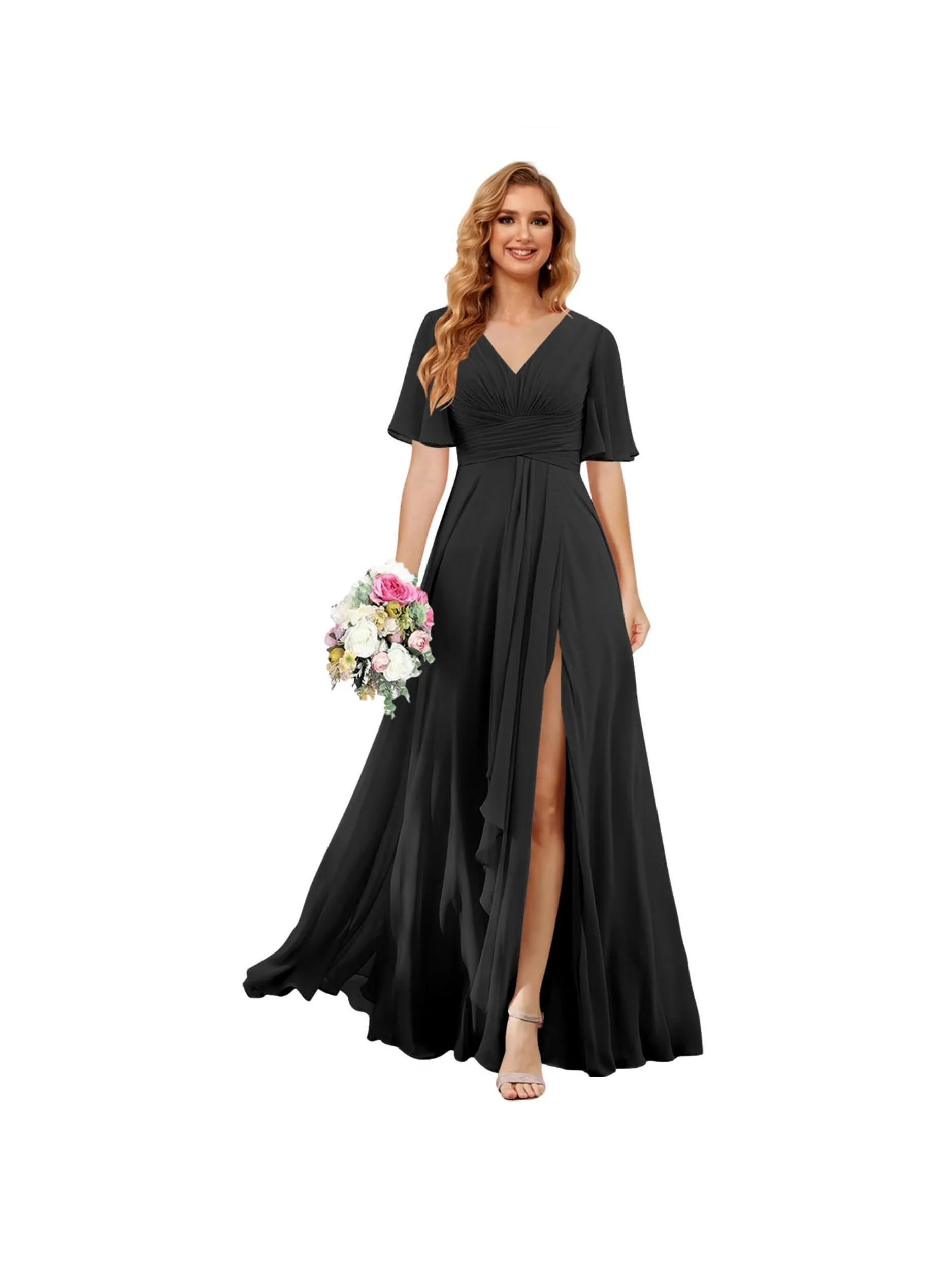 A-Line/Princess V Neck Short Sleeve Floor Length Bridesmaid Dresses Chiffon with Slit - Image 3