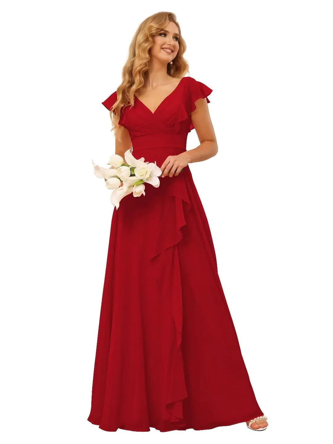 A-Line/Princess V Neck Short Sleeve Floor Length Bridesmaid Dresses With Ruffled Split - Image 17