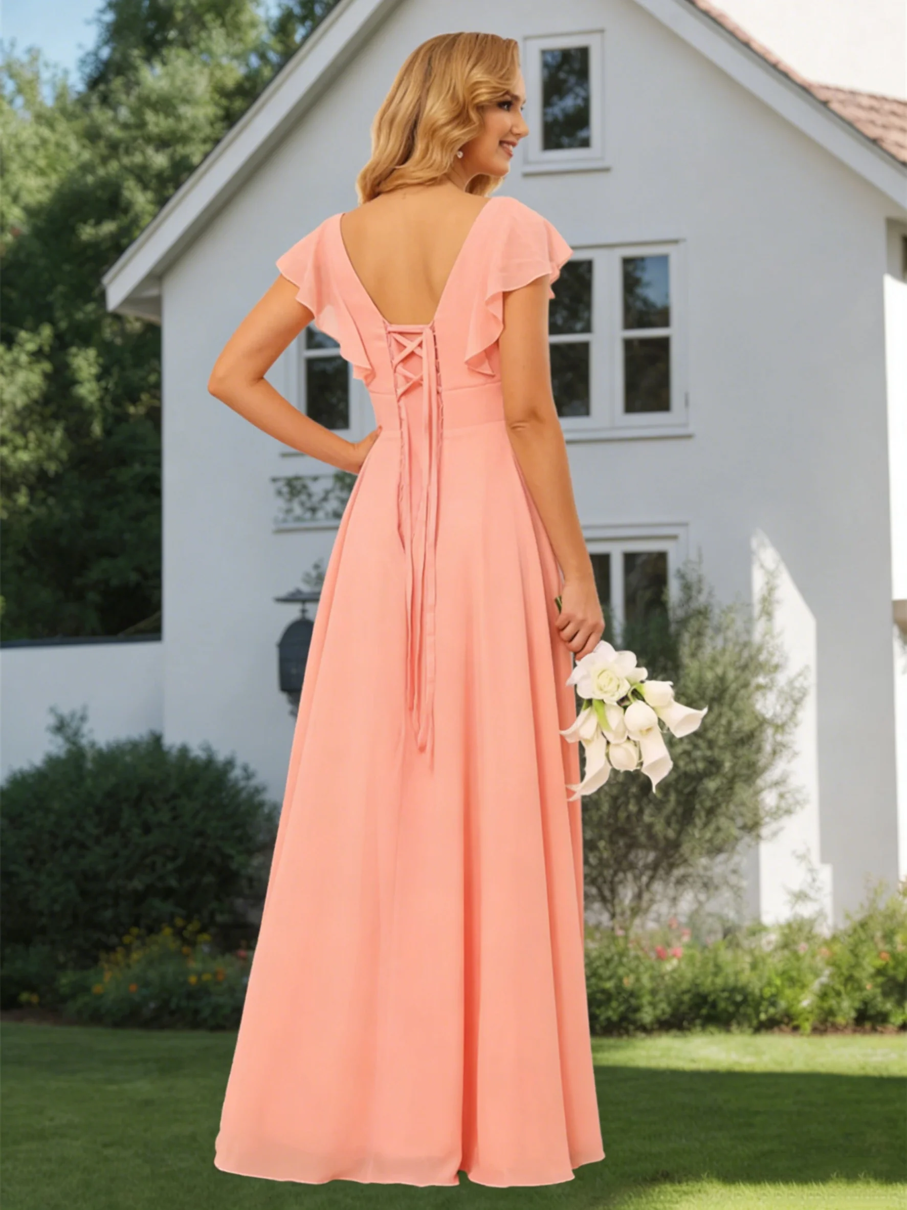 A-Line/Princess V Neck Short Sleeve Floor Length Bridesmaid Dresses With Ruffled Split - Image 2