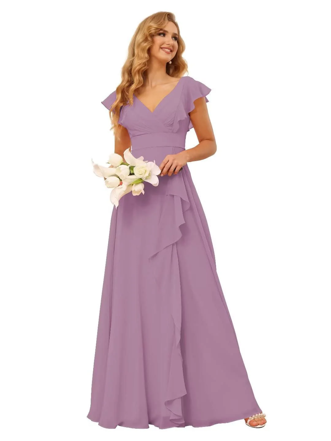 A-Line/Princess V Neck Short Sleeve Floor Length Bridesmaid Dresses With Ruffled Split - Image 20