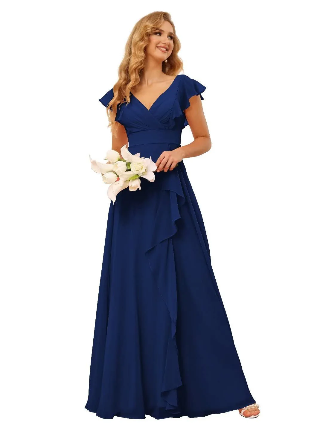 A-Line/Princess V Neck Short Sleeve Floor Length Bridesmaid Dresses With Ruffled Split - Image 23