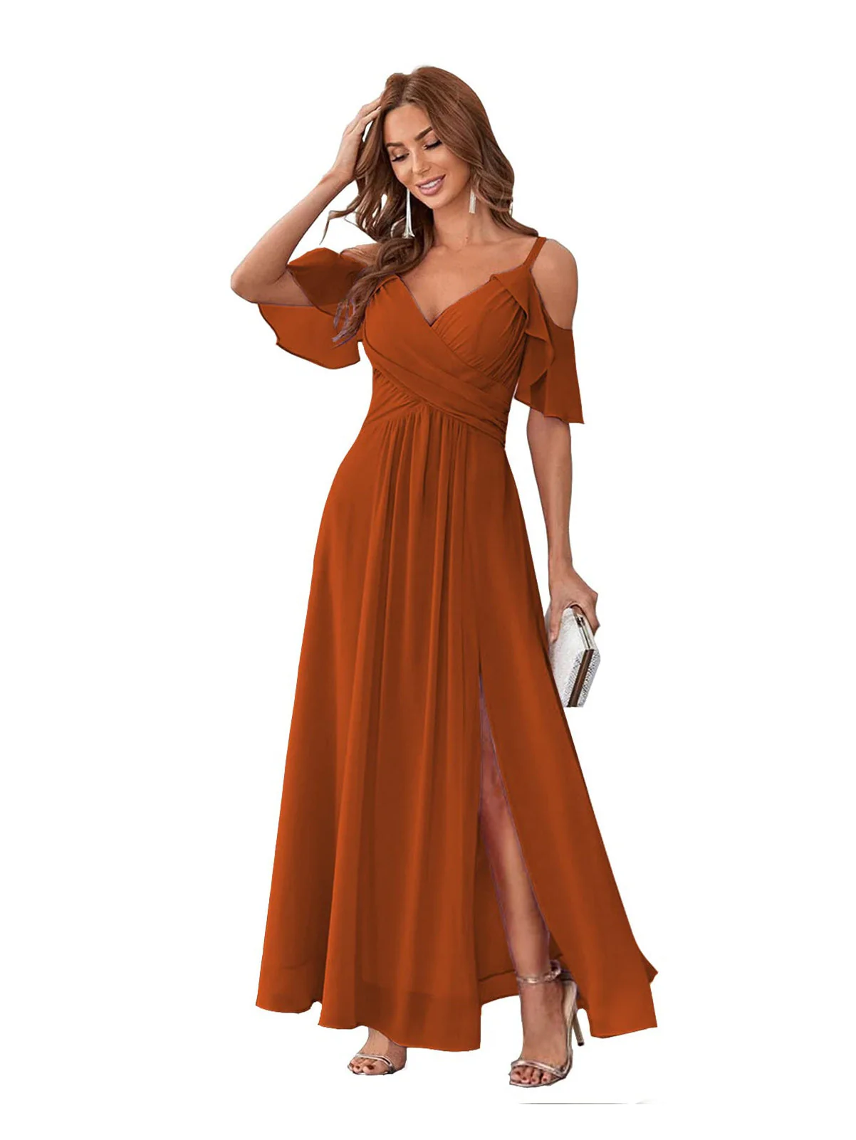 A-Line/Princess V Neck Short Sleeve Spaghetti Straps Ankle Length Bridesmaid Dresses Chiffon with Ruffles Bow(s) - Image 30