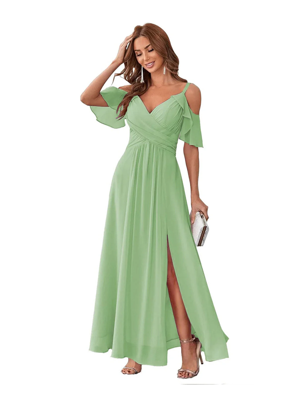 A-Line/Princess V Neck Short Sleeve Spaghetti Straps Ankle Length Bridesmaid Dresses Chiffon with Ruffles Bow(s) - Image 32