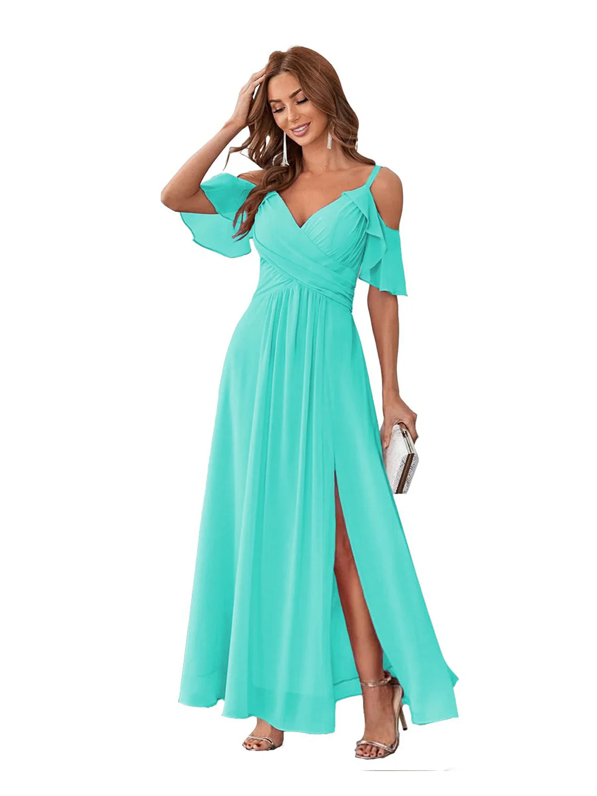 A-Line/Princess V Neck Short Sleeve Spaghetti Straps Ankle Length Bridesmaid Dresses Chiffon with Ruffles Bow(s) - Image 8