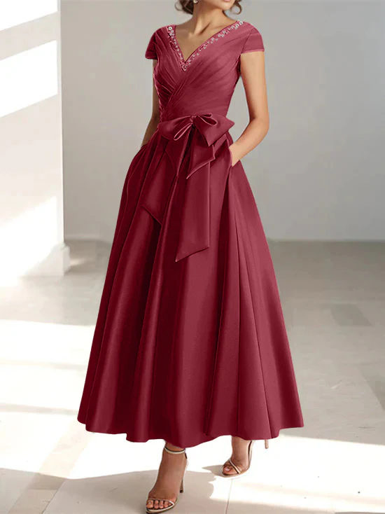 A-Line/Princess V-Neck Short Sleeves Ankle-Length Mother of the Bride Dresses With Pockets & Ruffles - Image 13