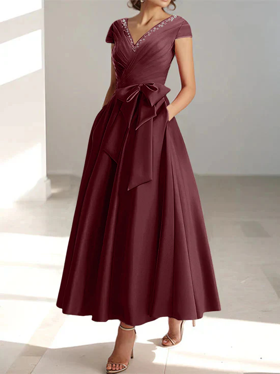 A-Line/Princess V-Neck Short Sleeves Ankle-Length Mother of the Bride Dresses With Pockets & Ruffles - Image 14