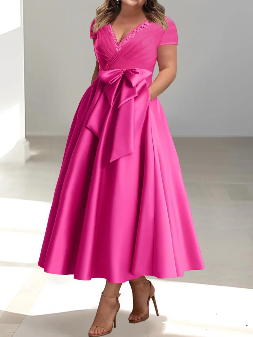 A-Line/Princess V-Neck Short Sleeves Ankle-Length Mother of the Bride Dresses With Pockets & Ruffles - Image 3