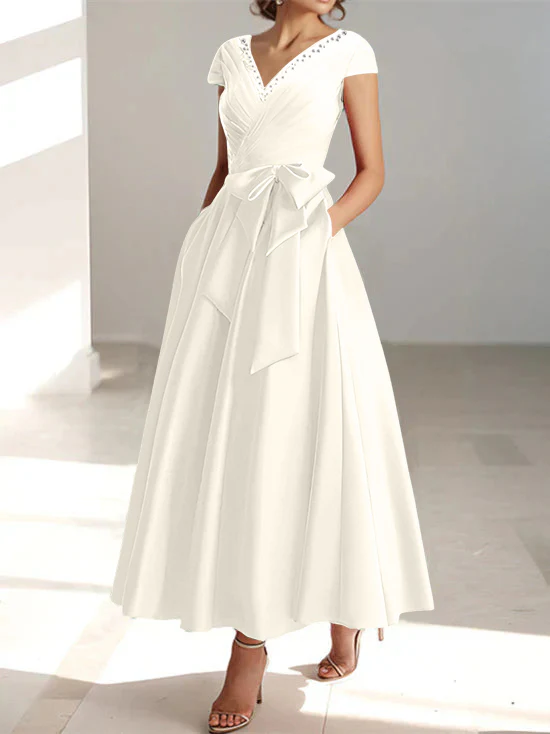 A-Line/Princess V-Neck Short Sleeves Ankle-Length Mother of the Bride Dresses With Pockets & Ruffles - Image 32