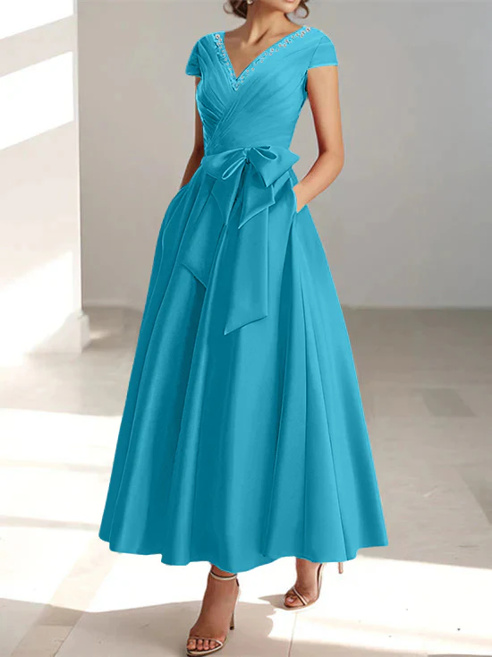 A-Line/Princess V-Neck Short Sleeves Ankle-Length Mother of the Bride Dresses With Pockets & Ruffles - Image 37