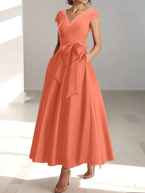A-Line/Princess V-Neck Short Sleeves Ankle-Length Mother of the Bride Dresses With Pockets & Ruffles - Image 40