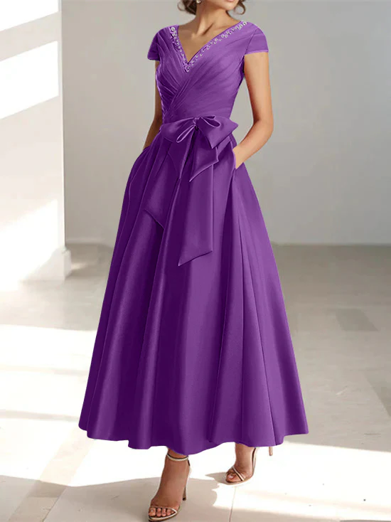 A-Line/Princess V-Neck Short Sleeves Ankle-Length Mother of the Bride Dresses With Pockets & Ruffles - Image 43