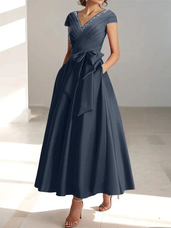 A-Line/Princess V-Neck Short Sleeves Ankle-Length Mother of the Bride Dresses With Pockets & Ruffles - Image 5
