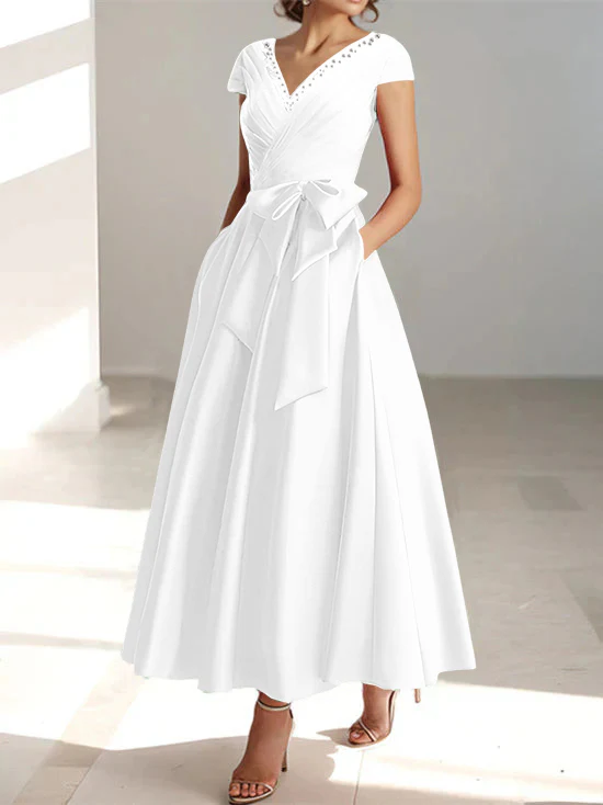 A-Line/Princess V-Neck Short Sleeves Ankle-Length Mother of the Bride Dresses With Pockets & Ruffles - Image 54