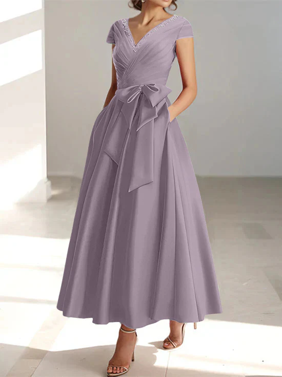 A-Line/Princess V-Neck Short Sleeves Ankle-Length Mother of the Bride Dresses With Pockets & Ruffles - Image 56