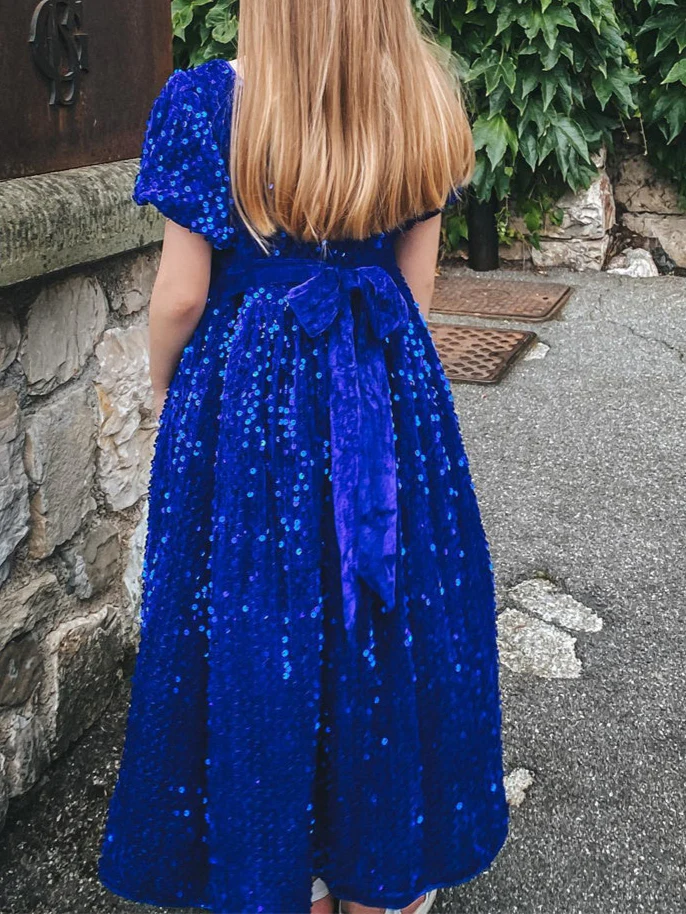 A-Line/Princess V-Neck Short Sleeves Ankle-Length Pleated Birthday Girl Dresses with Sequins & Bow Self-tie - Image 3