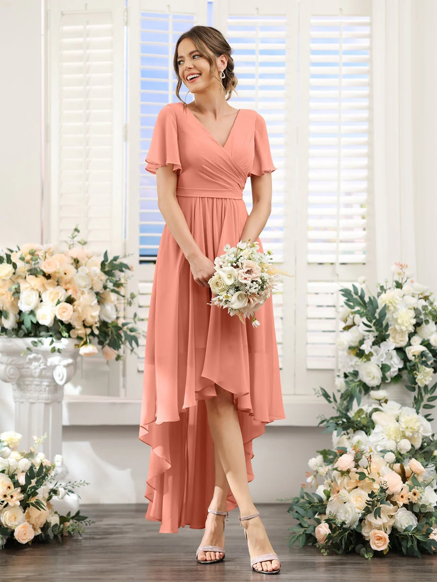 A-Line/Princess V-Neck Short Sleeves Asymmetrical Chiffon Bridesmaid Dresses with Ruched - Image 16
