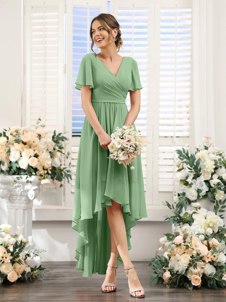 A-Line/Princess V-Neck Short Sleeves Asymmetrical Chiffon Bridesmaid Dresses with Ruched - Image 17
