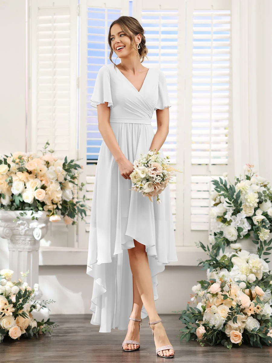 A-Line/Princess V-Neck Short Sleeves Asymmetrical Chiffon Bridesmaid Dresses with Ruched - Image 21