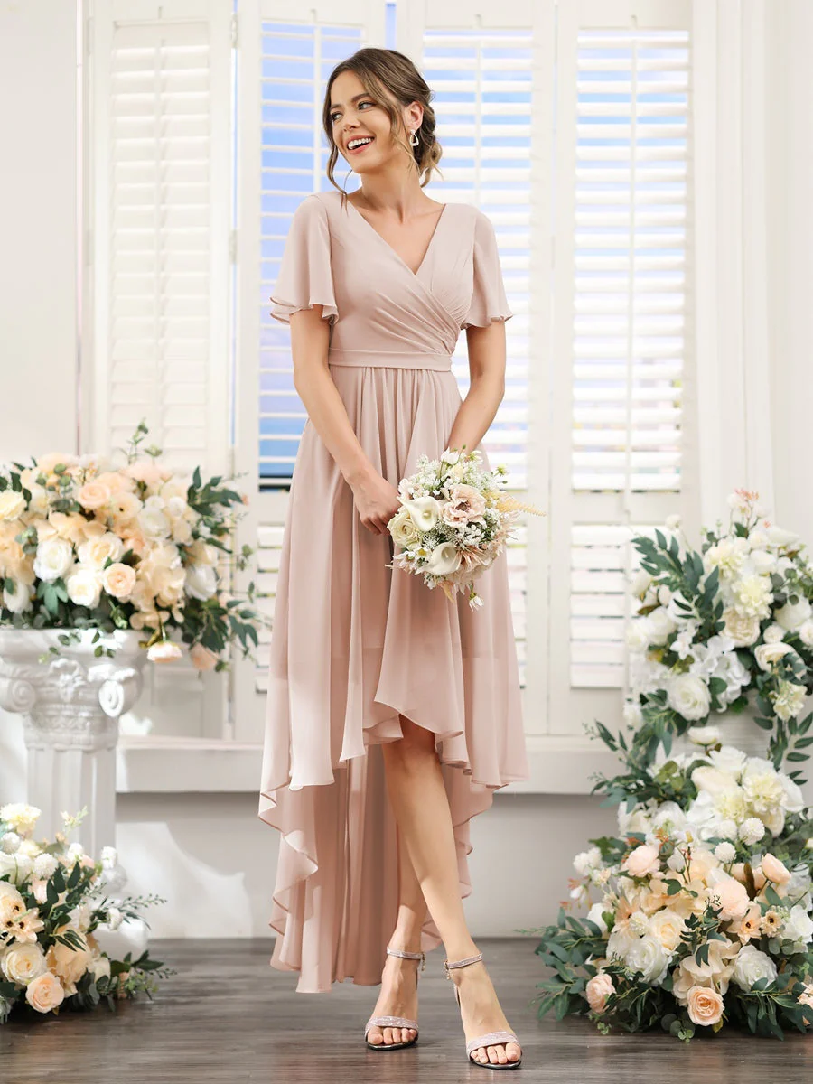A-Line/Princess V-Neck Short Sleeves Asymmetrical Chiffon Bridesmaid Dresses with Ruched - Image 29