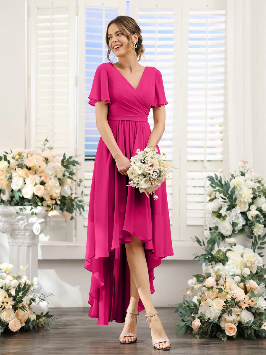 A-Line/Princess V-Neck Short Sleeves Asymmetrical Chiffon Bridesmaid Dresses with Ruched - Image 35