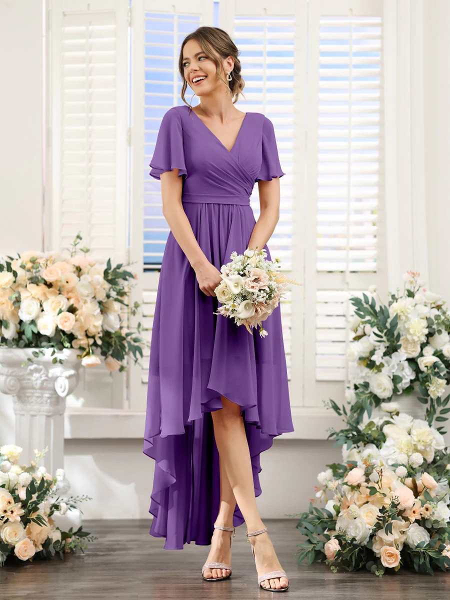 A-Line/Princess V-Neck Short Sleeves Asymmetrical Chiffon Bridesmaid Dresses with Ruched - Image 43
