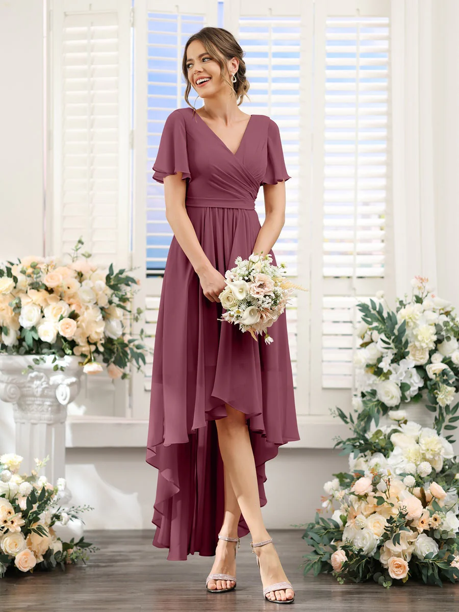 A-Line/Princess V-Neck Short Sleeves Asymmetrical Chiffon Bridesmaid Dresses with Ruched - Image 44