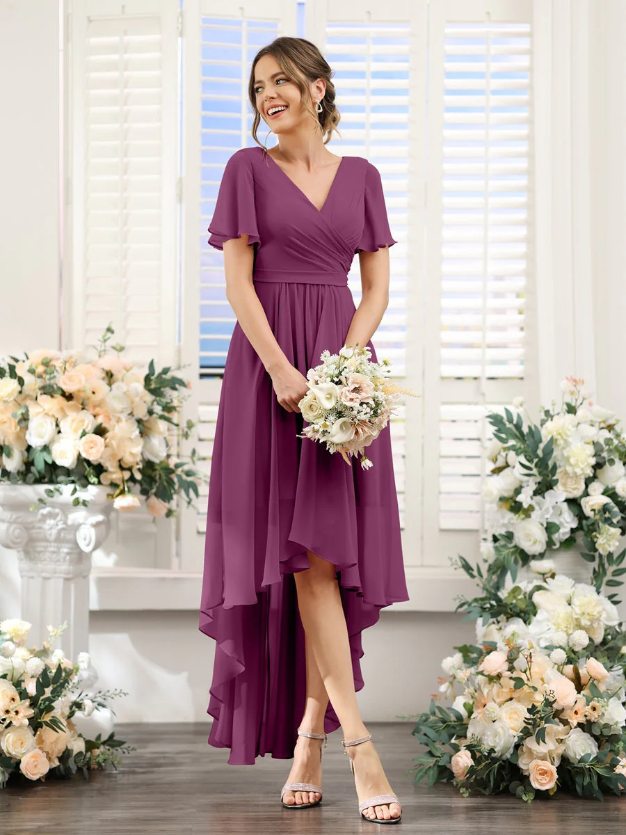 A-Line/Princess V-Neck Short Sleeves Asymmetrical Chiffon Bridesmaid Dresses with Ruched - Image 45