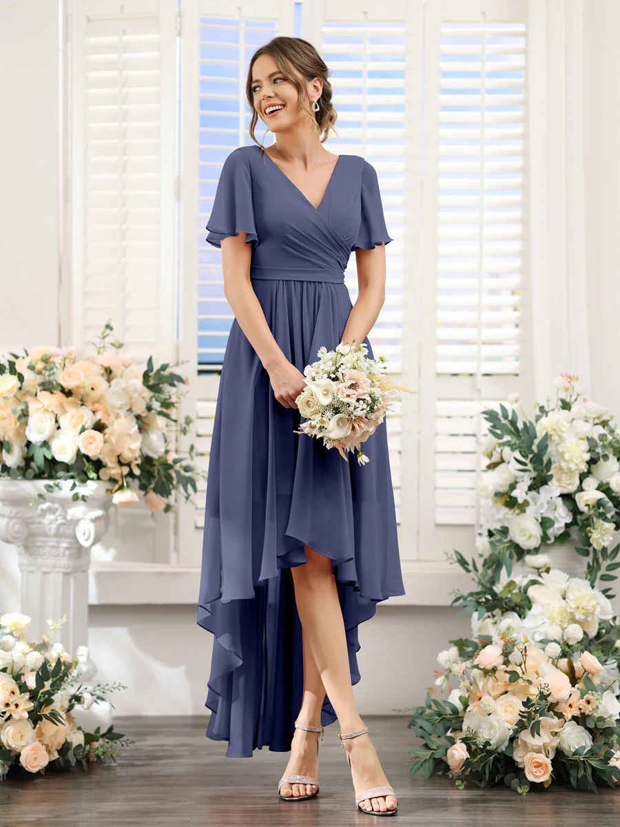A-Line/Princess V-Neck Short Sleeves Asymmetrical Chiffon Bridesmaid Dresses with Ruched - Image 58