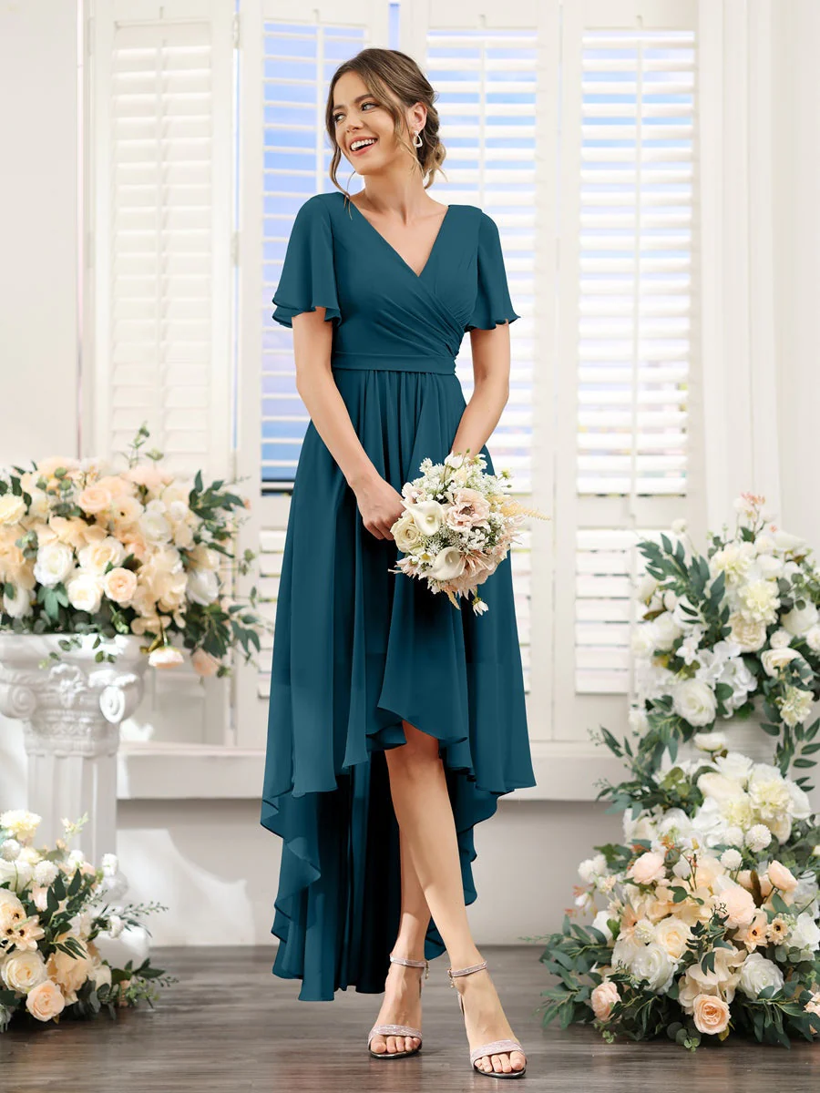A-Line/Princess V-Neck Short Sleeves Asymmetrical Chiffon Bridesmaid Dresses with Ruched - Image 59