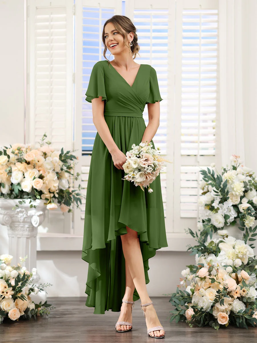 A-Line/Princess V-Neck Short Sleeves Asymmetrical Chiffon Bridesmaid Dresses with Ruched - Image 66