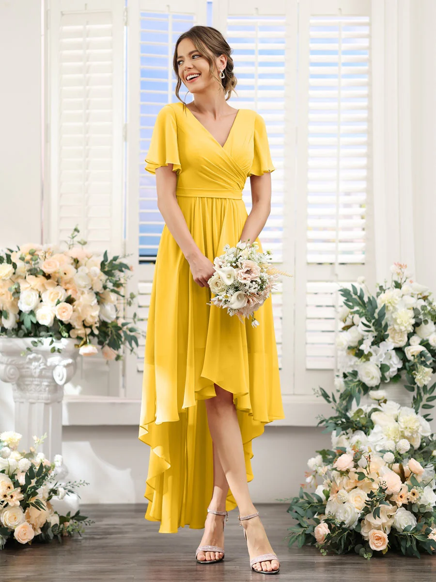 A-Line/Princess V-Neck Short Sleeves Asymmetrical Chiffon Bridesmaid Dresses with Ruched - Image 72