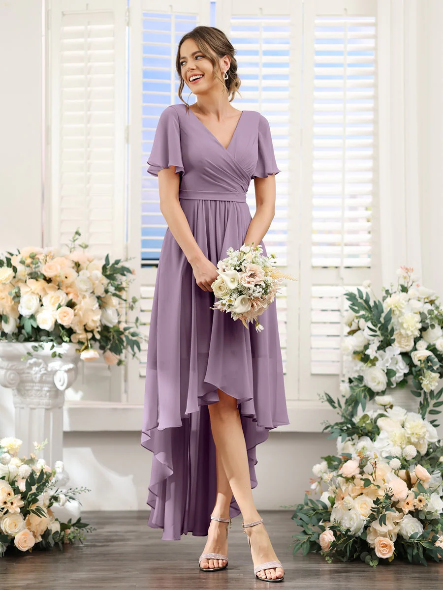 A-Line/Princess V-Neck Short Sleeves Asymmetrical Chiffon Bridesmaid Dresses with Ruched - Image 81