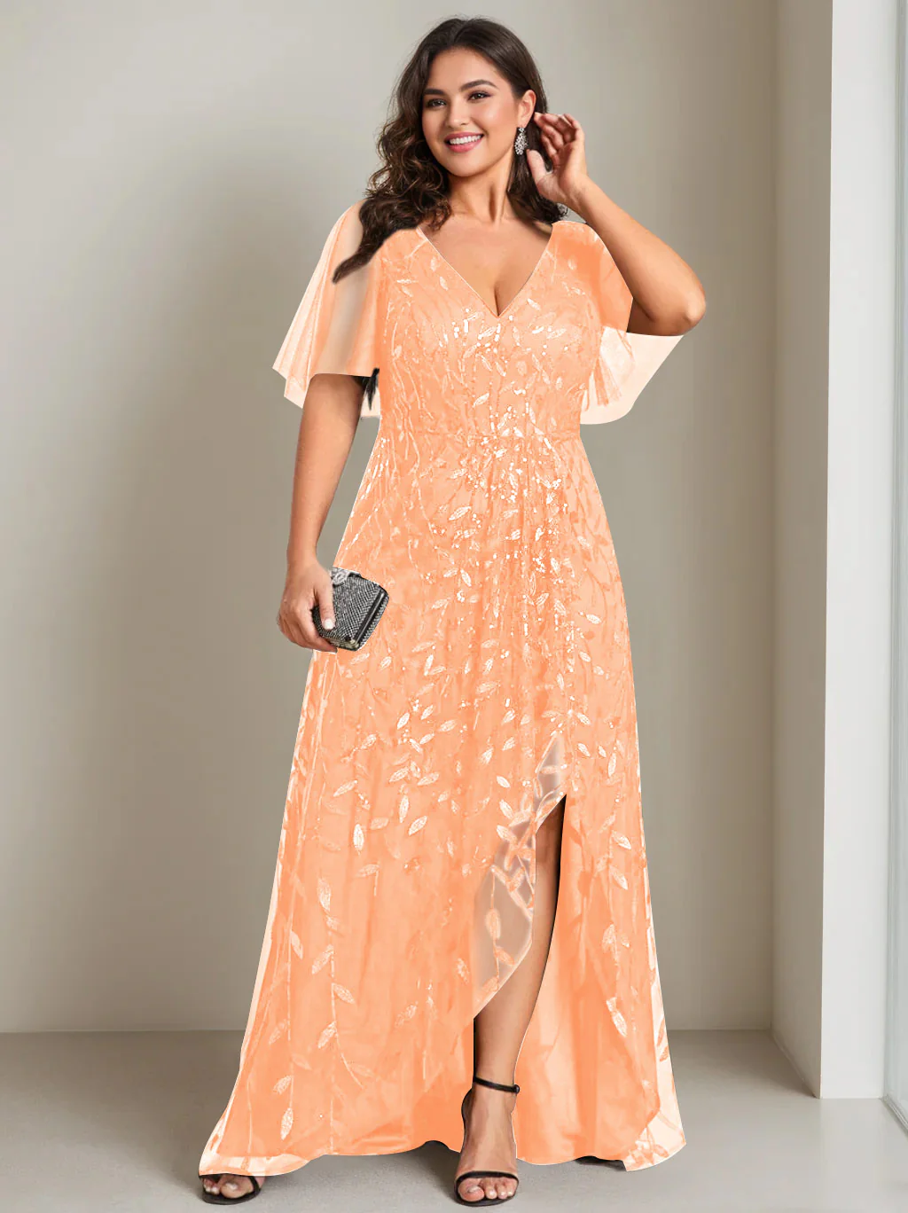 A-Line/Princess V-Neck Short Sleeves Asymmetrical Plus Size Mother Of The Bride Dresses with Sequins - Image 13
