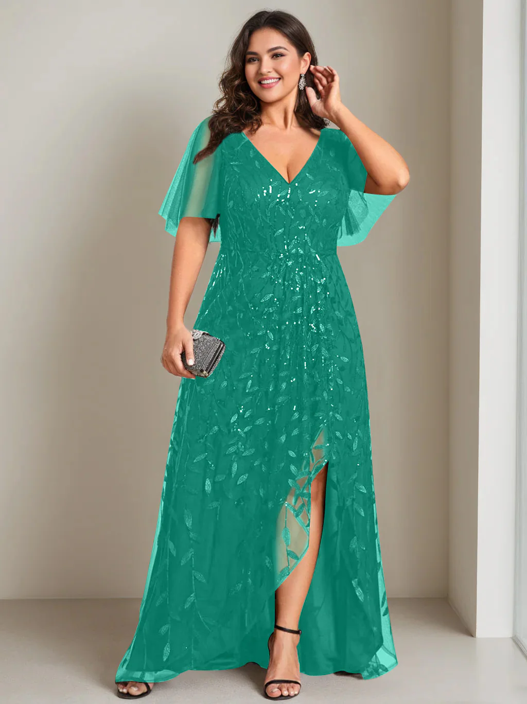 A-Line/Princess V-Neck Short Sleeves Asymmetrical Plus Size Mother Of The Bride Dresses with Sequins - Image 27