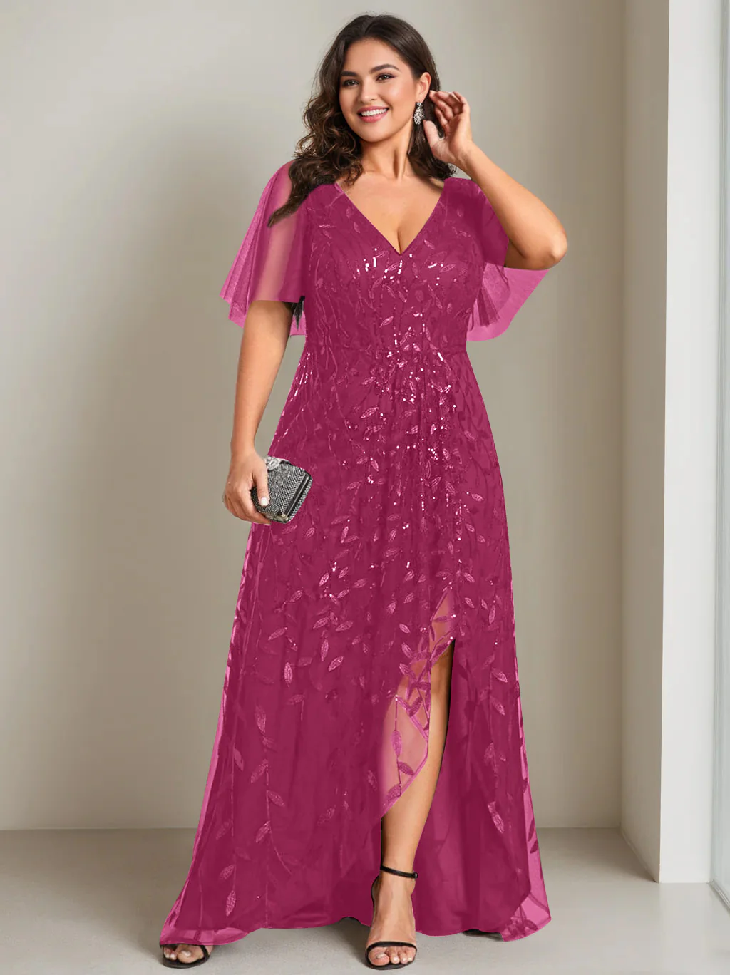 A-Line/Princess V-Neck Short Sleeves Asymmetrical Plus Size Mother Of The Bride Dresses with Sequins - Image 36