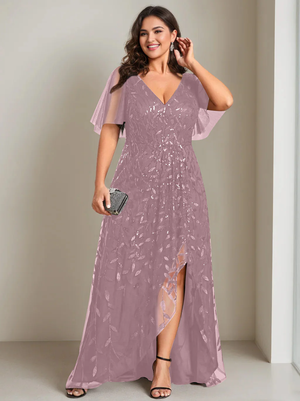 A-Line/Princess V-Neck Short Sleeves Asymmetrical Plus Size Mother Of The Bride Dresses with Sequins - Image 54