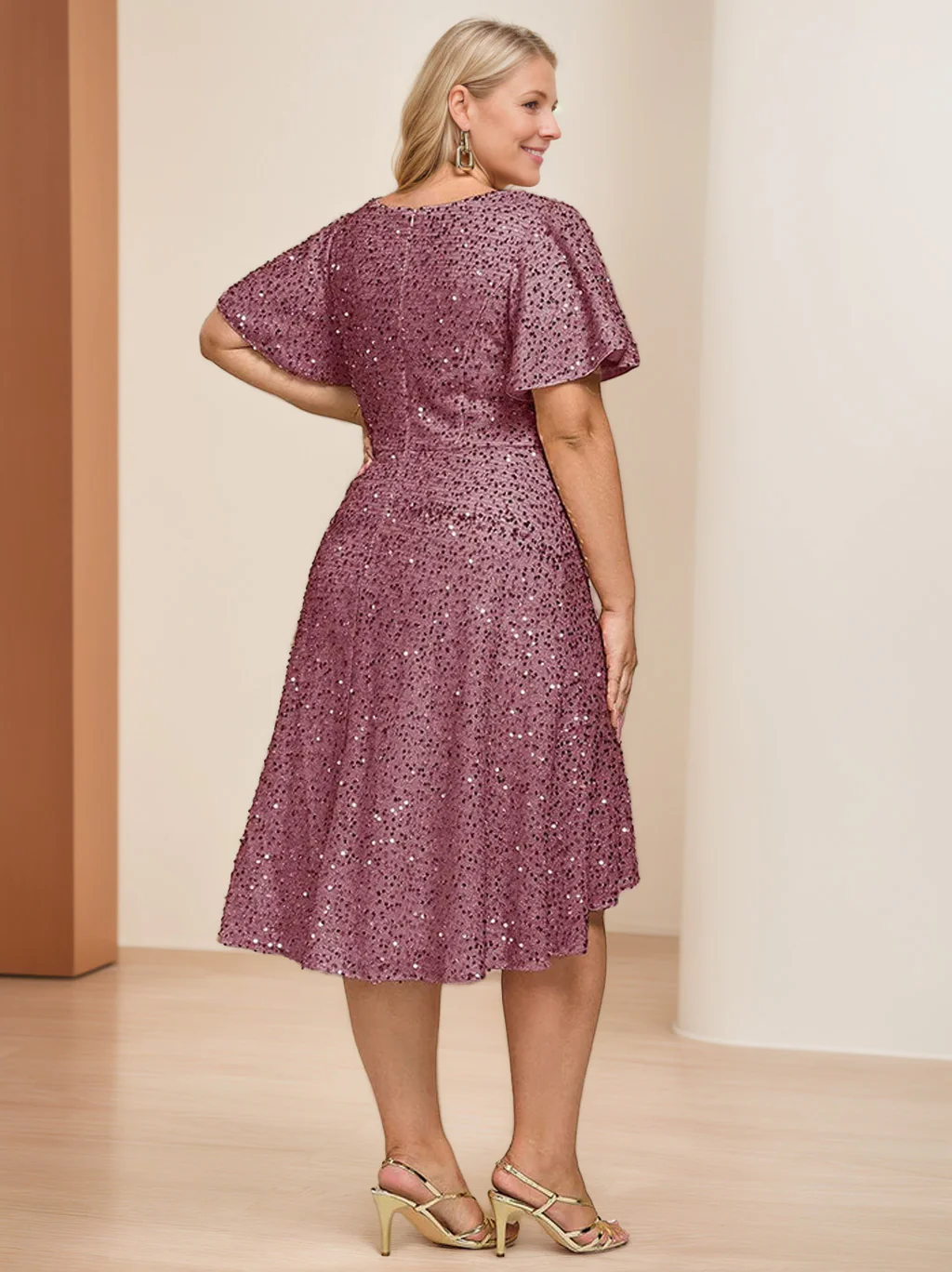 A-Line/Princess V-Neck Short Sleeves Asymmetrical Plus Size Mother Of The Bride Dresses with Sequins & Ruffles - Image 2