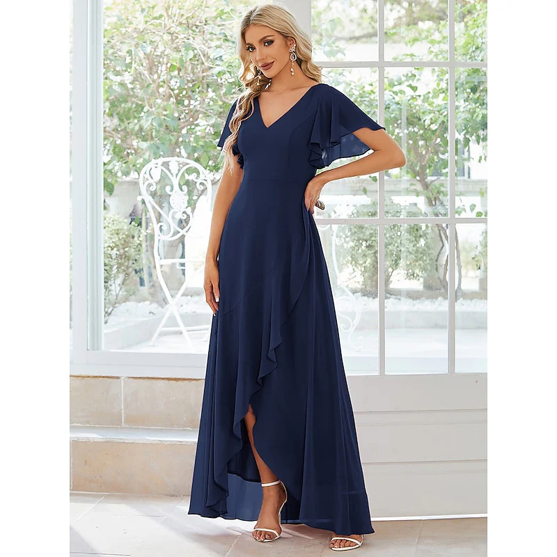 A Line/Princess V Neck Short Sleeves Asymmetrical Wedding Guest Dress - Image 5