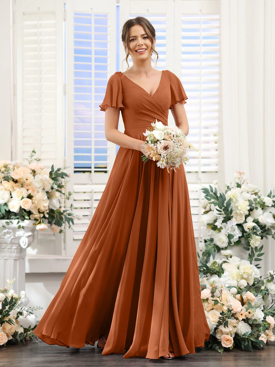A-Line/Princess V-Neck Short Sleeves Bridesmaid Dresses with Split Side & Ruched - Image 10
