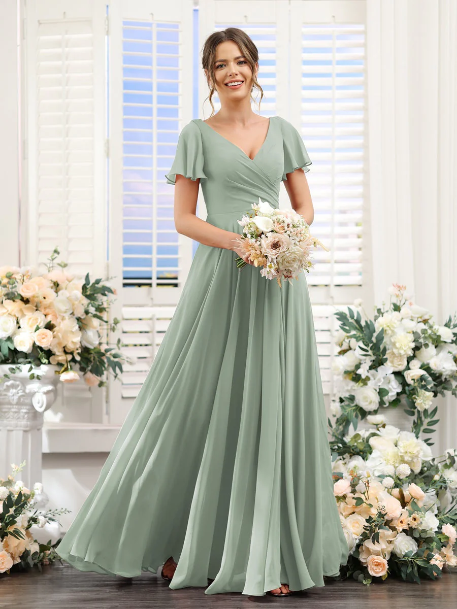 A-Line/Princess V-Neck Short Sleeves Bridesmaid Dresses with Split Side & Ruched - Image 11
