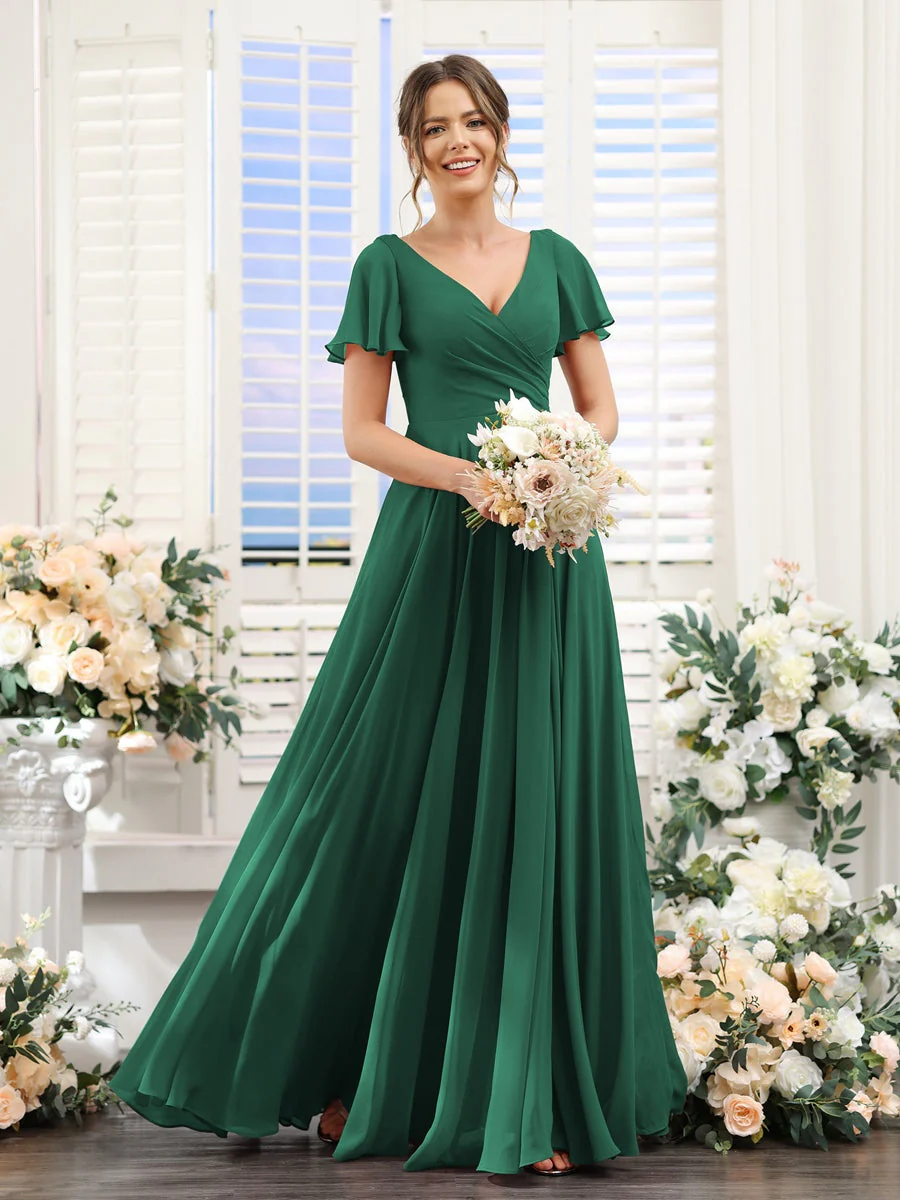A-Line/Princess V-Neck Short Sleeves Bridesmaid Dresses with Split Side & Ruched - Image 12