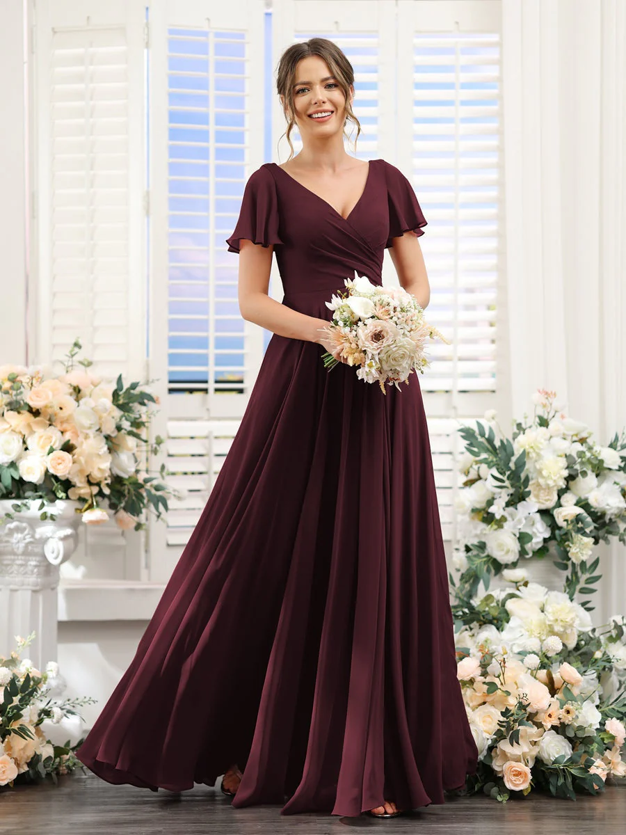 A-Line/Princess V-Neck Short Sleeves Bridesmaid Dresses with Split Side & Ruched - Image 13