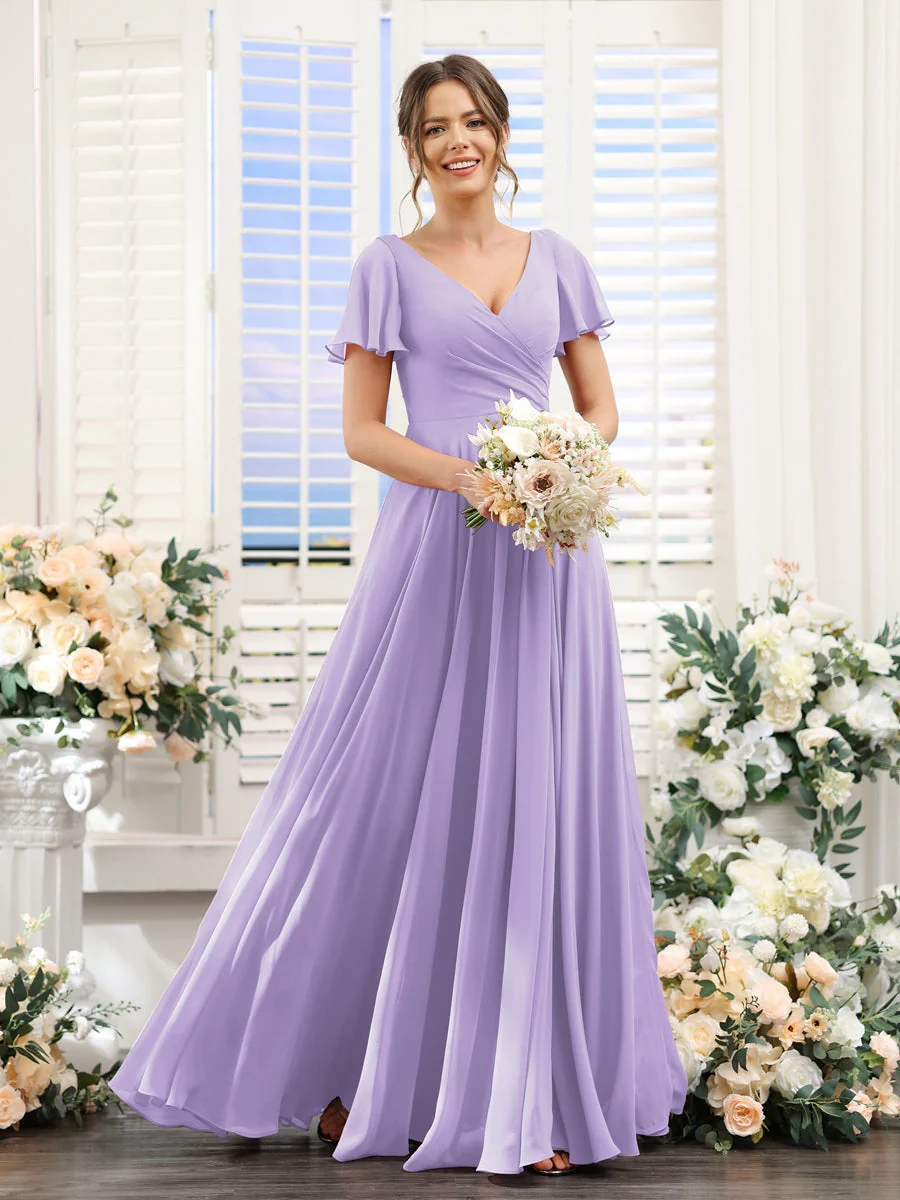 A-Line/Princess V-Neck Short Sleeves Bridesmaid Dresses with Split Side & Ruched - Image 15
