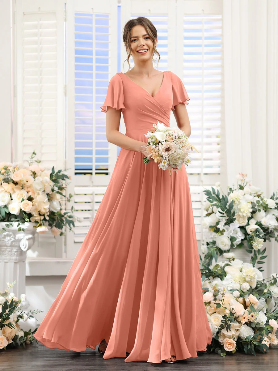 A-Line/Princess V-Neck Short Sleeves Bridesmaid Dresses with Split Side & Ruched - Image 16