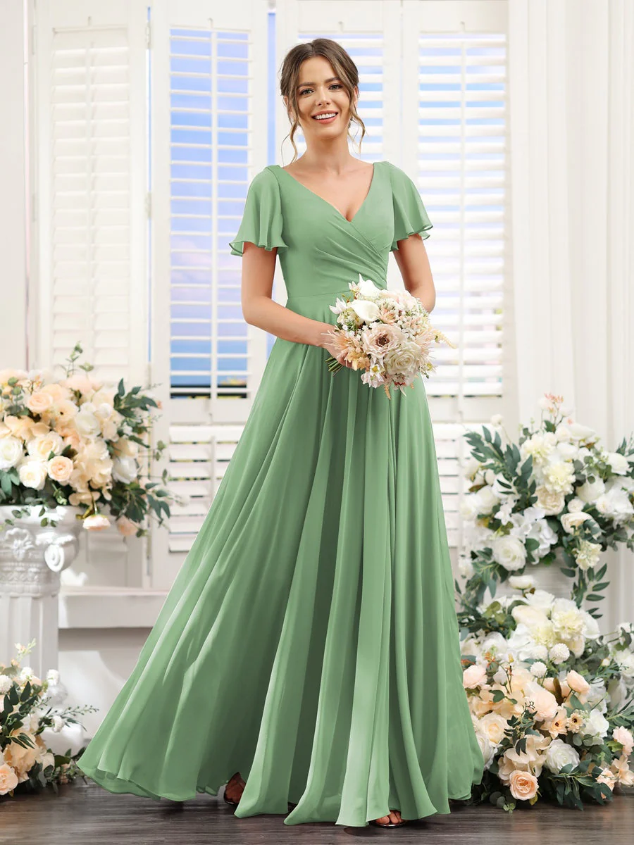 A-Line/Princess V-Neck Short Sleeves Bridesmaid Dresses with Split Side & Ruched - Image 17