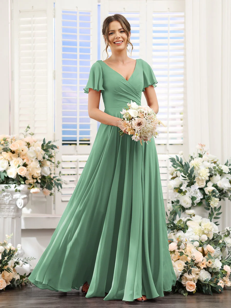 A-Line/Princess V-Neck Short Sleeves Bridesmaid Dresses with Split Side & Ruched - Image 18
