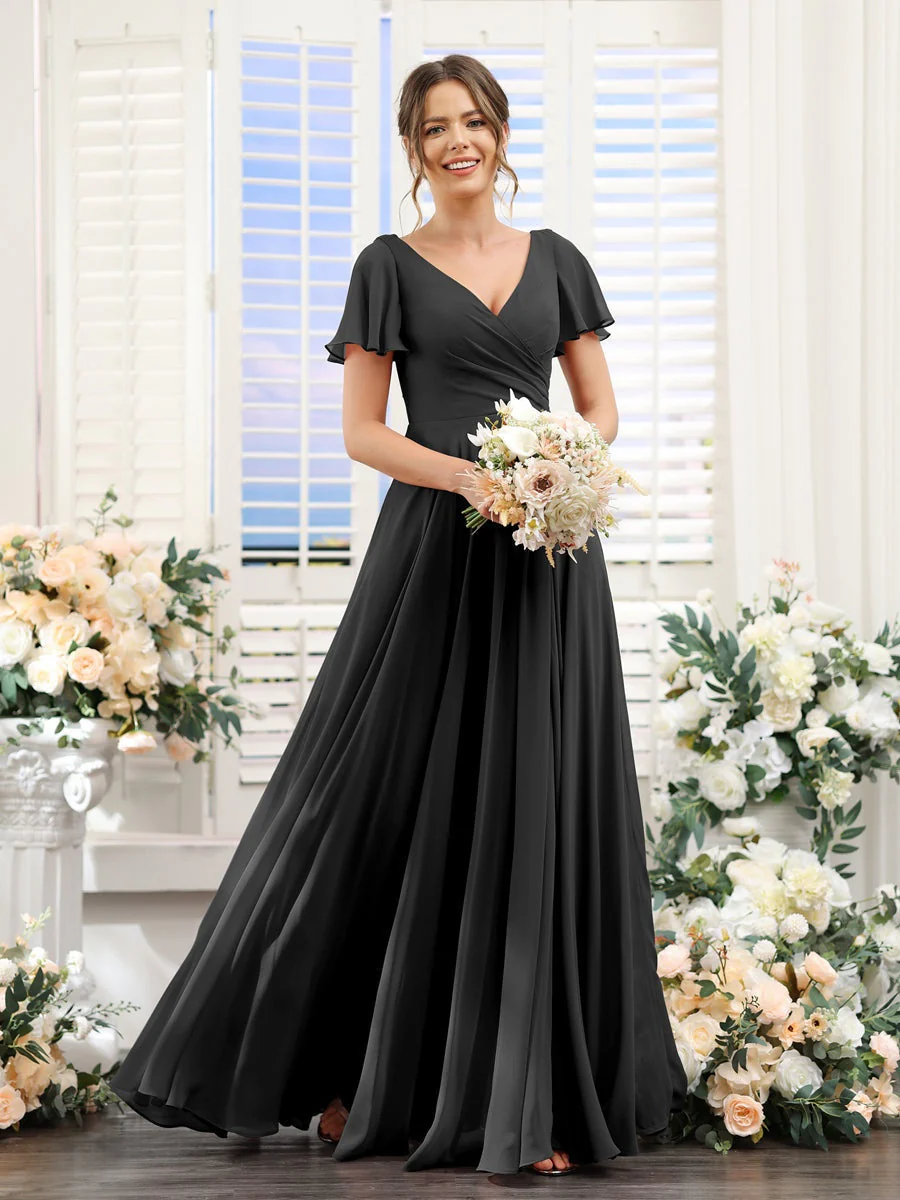A-Line/Princess V-Neck Short Sleeves Bridesmaid Dresses with Split Side & Ruched - Image 19