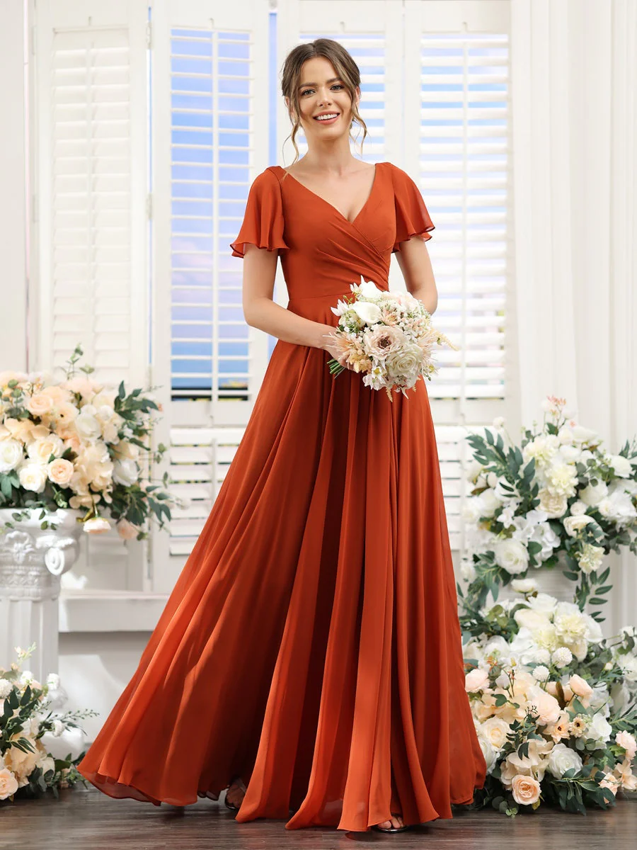 A-Line/Princess V-Neck Short Sleeves Bridesmaid Dresses with Split Side & Ruched - Image 2