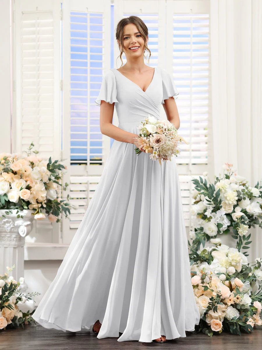 A-Line/Princess V-Neck Short Sleeves Bridesmaid Dresses with Split Side & Ruched - Image 20