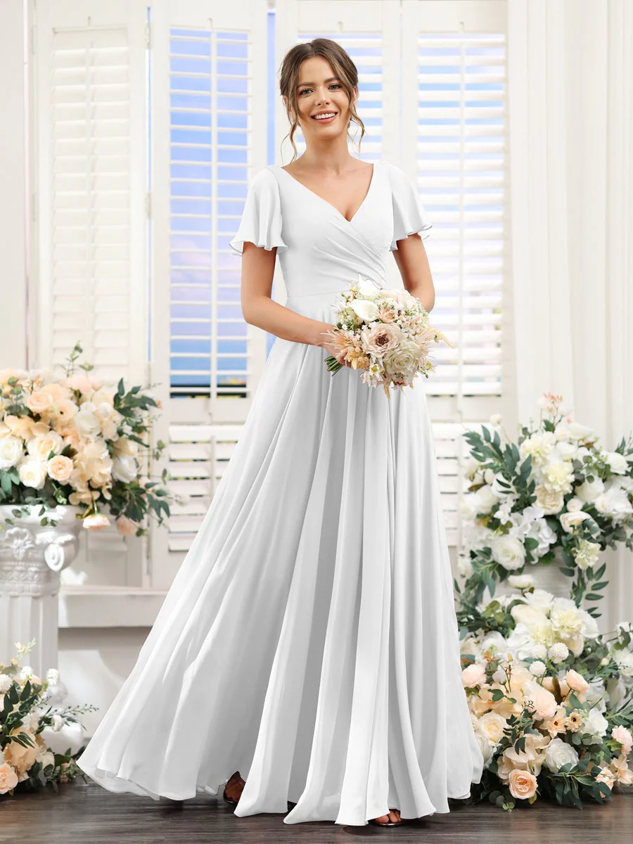A-Line/Princess V-Neck Short Sleeves Bridesmaid Dresses with Split Side & Ruched - Image 21